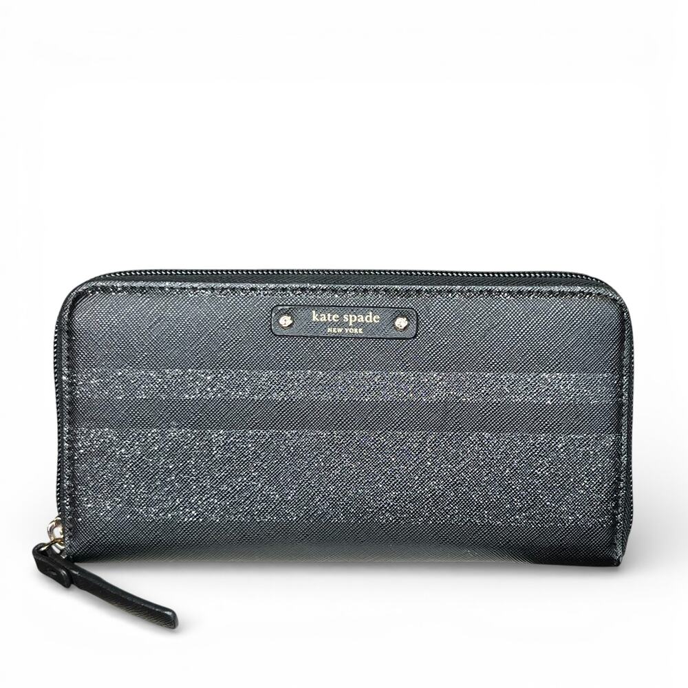 Kate Spade New York Neda Wallet Black Saffiano Leather Glitter Stripe Zip Around
